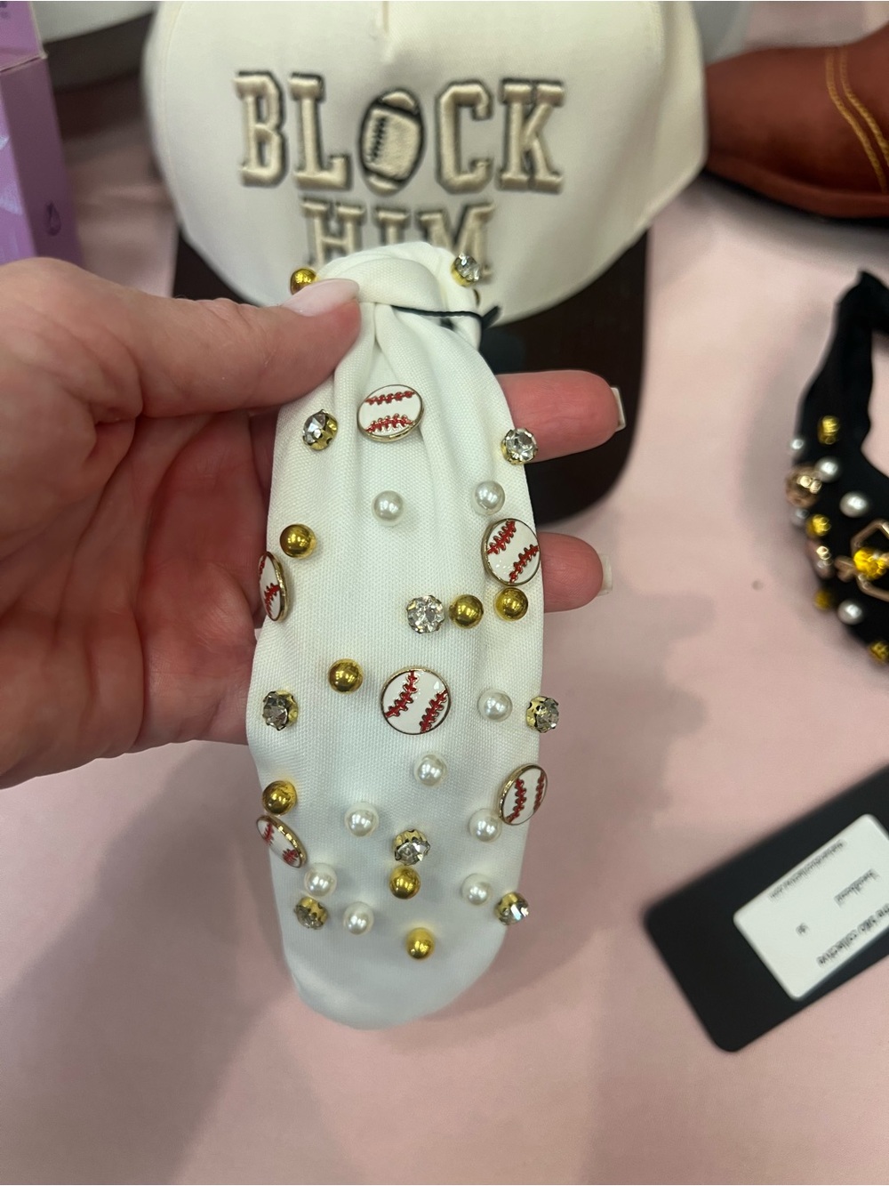 White Embellished Baseball Pearl Headband - Unbranded